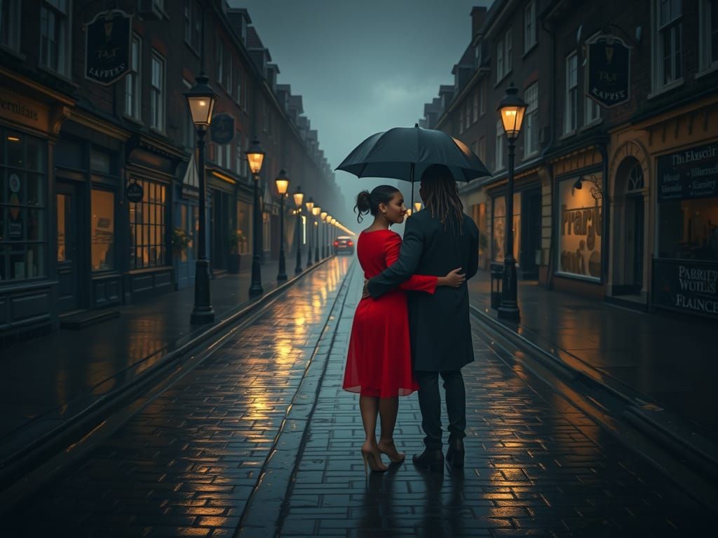 Romantic Couple Under Umbrella on Rainy Cobblestone Street