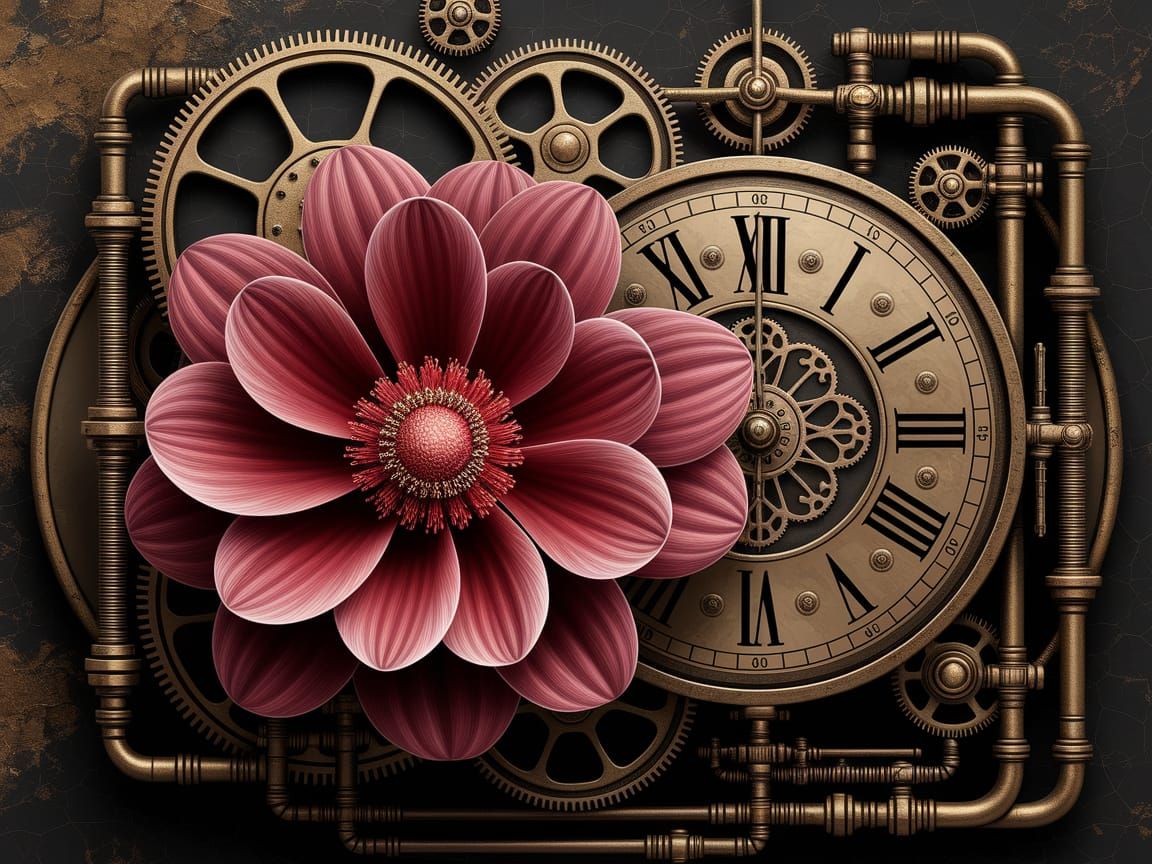 A steampunk-inspired artwork featuring a large, vividly deta...