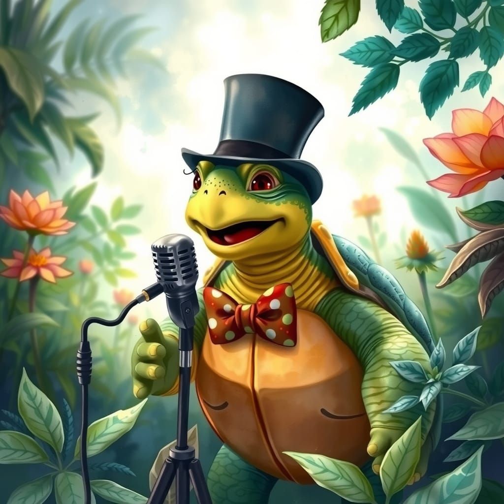 Cartoon Turtle Serenades in Whimsical Watercolor Style