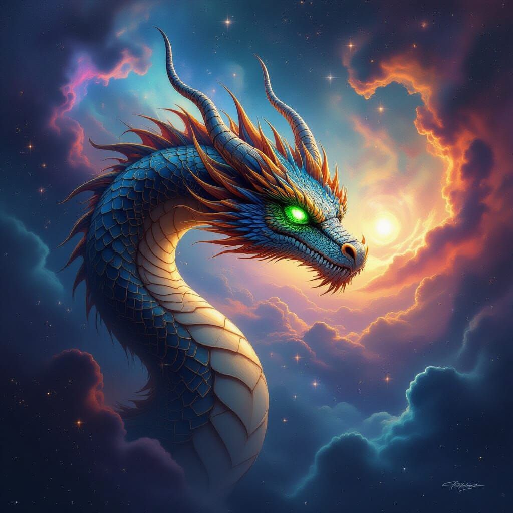 Cosmic Dragon Soaring Through Nebula in Surreal Style