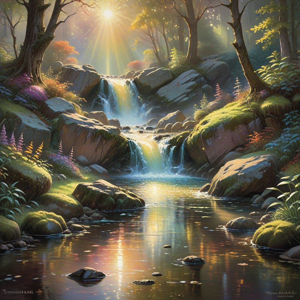 Impressionist Oil Painting of a Sunlit Waterfall