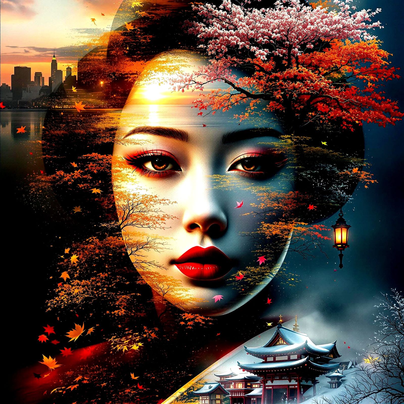 Hyperrealistic Geisha Collage in Vibrant Fantasy Style