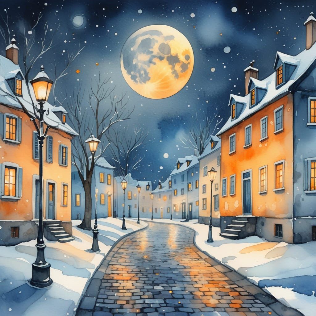 Magical Moonlit Street Scene in Watercolor Style