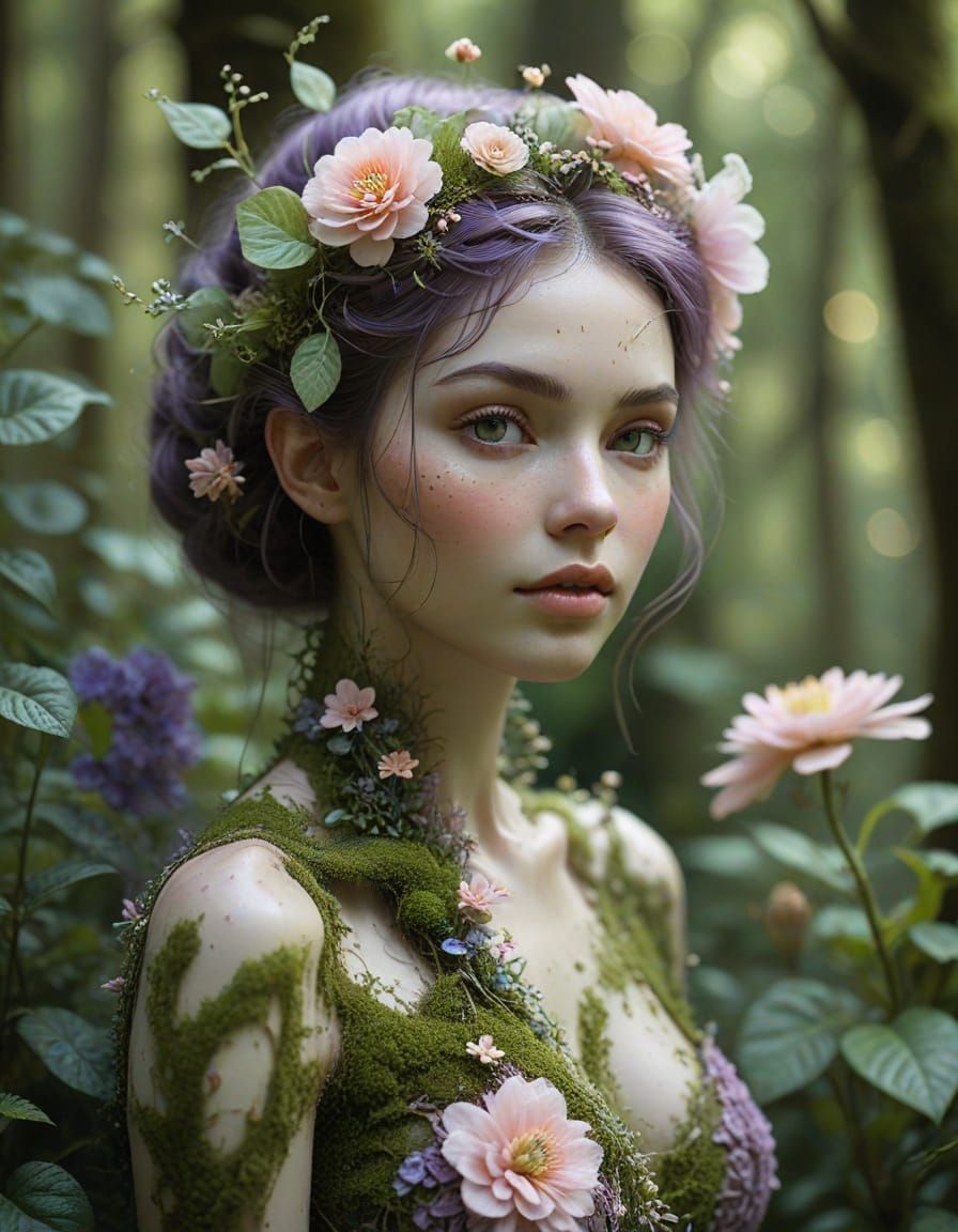 Ethereal Floral Being in Dreamy Forest