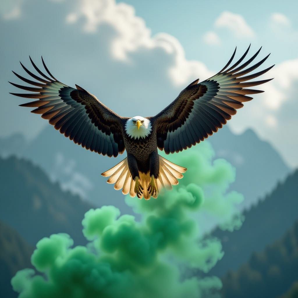 Eagle Soaring with Green Smoke in Moody Sky