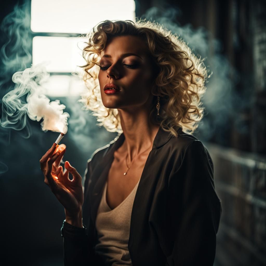 Woman Exhaling Smoke in a Casual Style