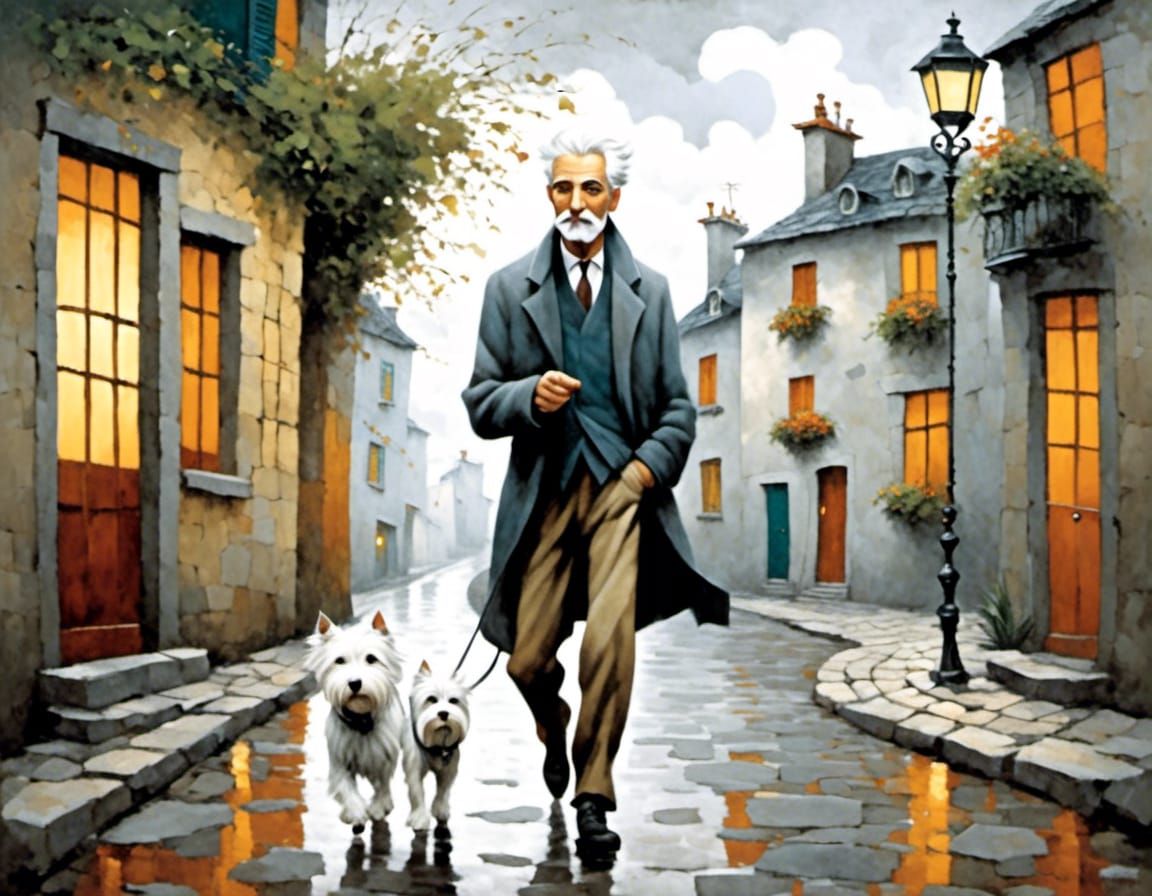 Whimsical Gentleman and Westie in Rainy Village