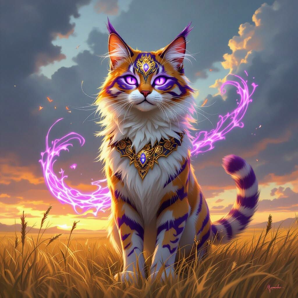 Mystical Feline in Open Field: Digital Fantasy Art