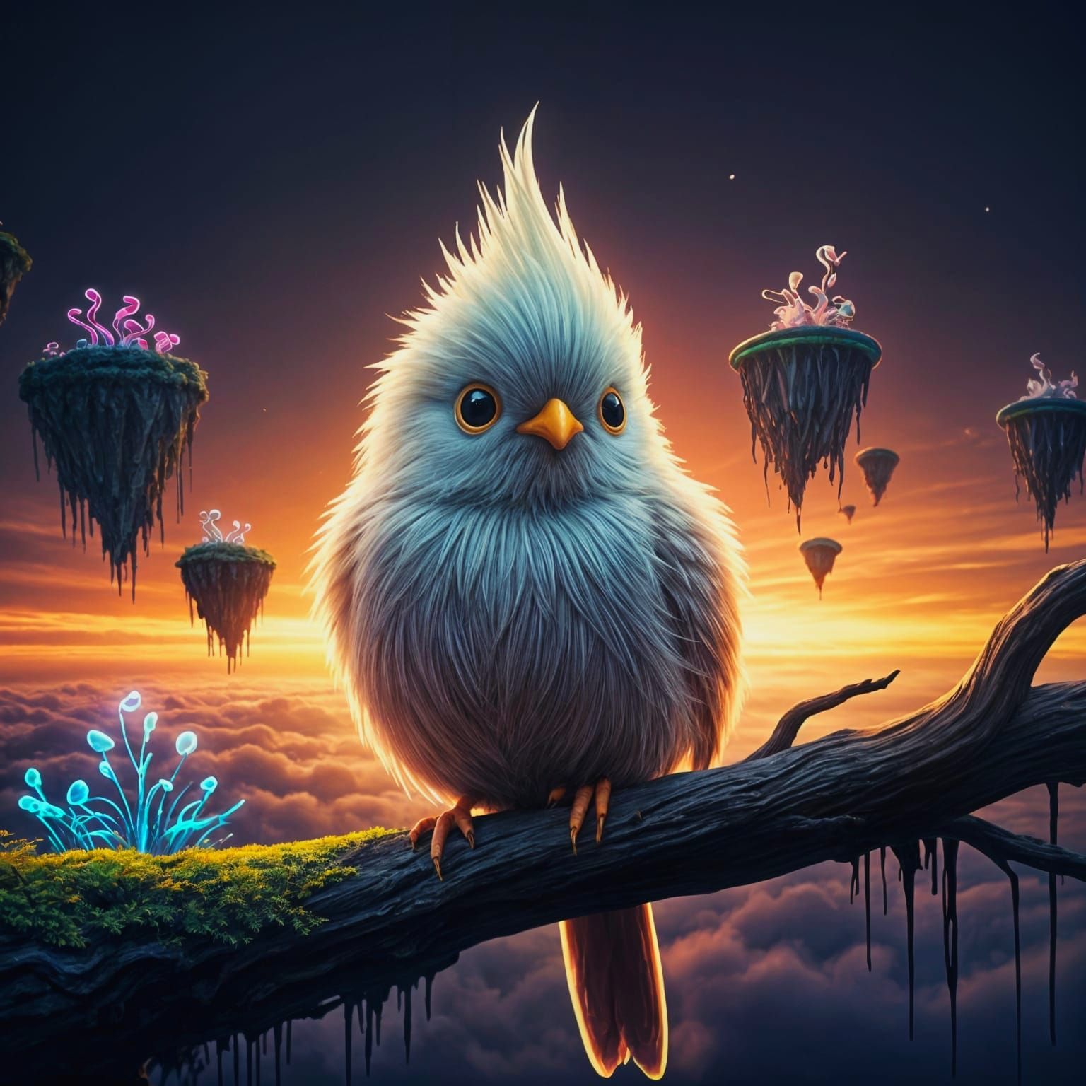 Fluffy Bird in Surreal Landscape: Fantasy Concept Art
