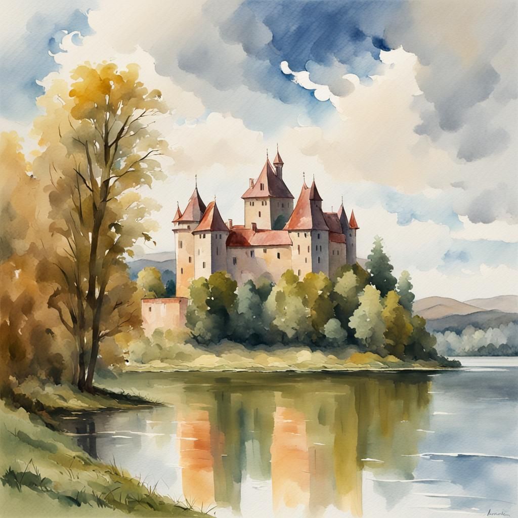 Island Castle in Gouache Watercolor Style