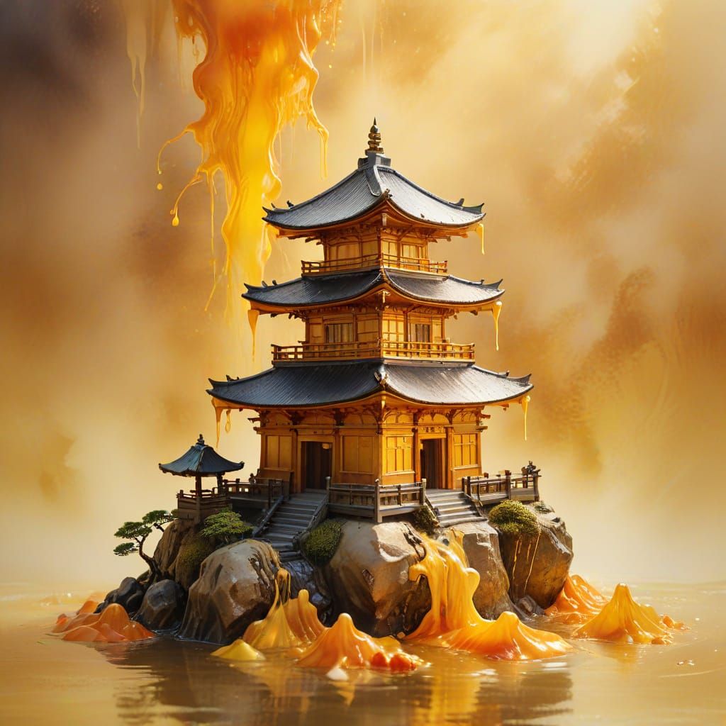 Melting Japanese Temple in Impressionistic Watercolor