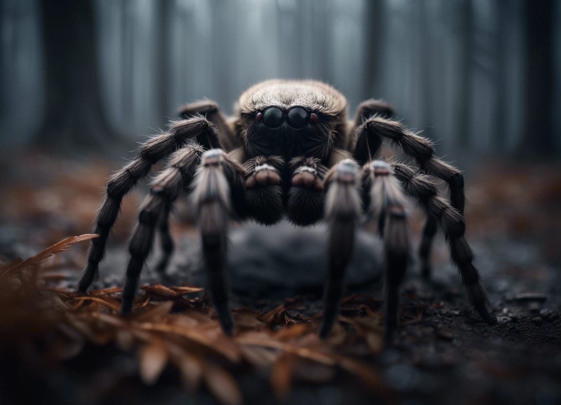 Eerie Tarantula in Misty Woods: Hyperrealistic Rendering
