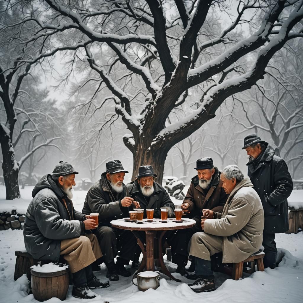 Snowy Gathering: Men Drinking Kehwa Under Tree