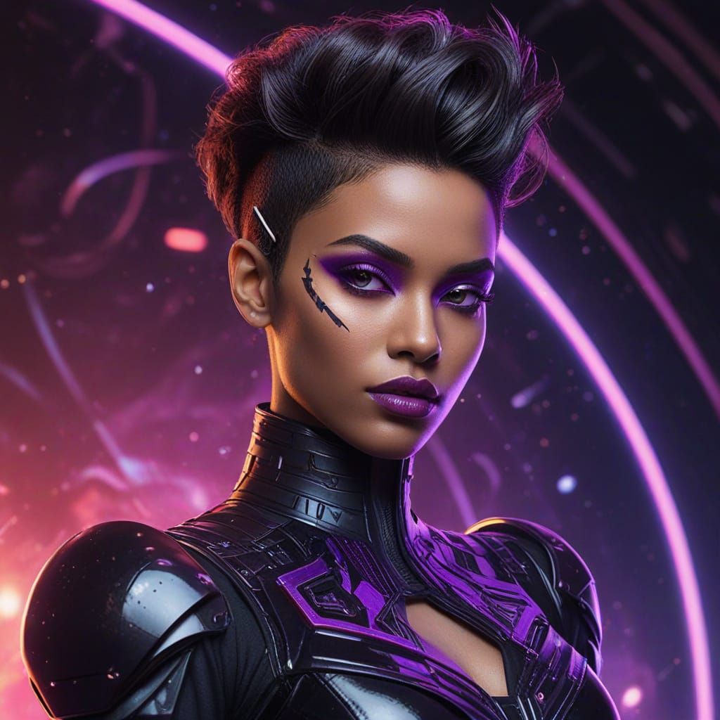 Monochromatic Cyberpunk Goddess in Neon-Lit Space