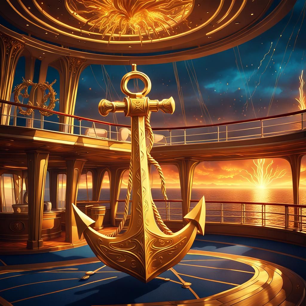 Majestic Golden Anchor on Cruise Ship Deck
