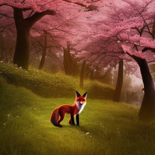 Fox in Forest with Cherry Blossom Tree
