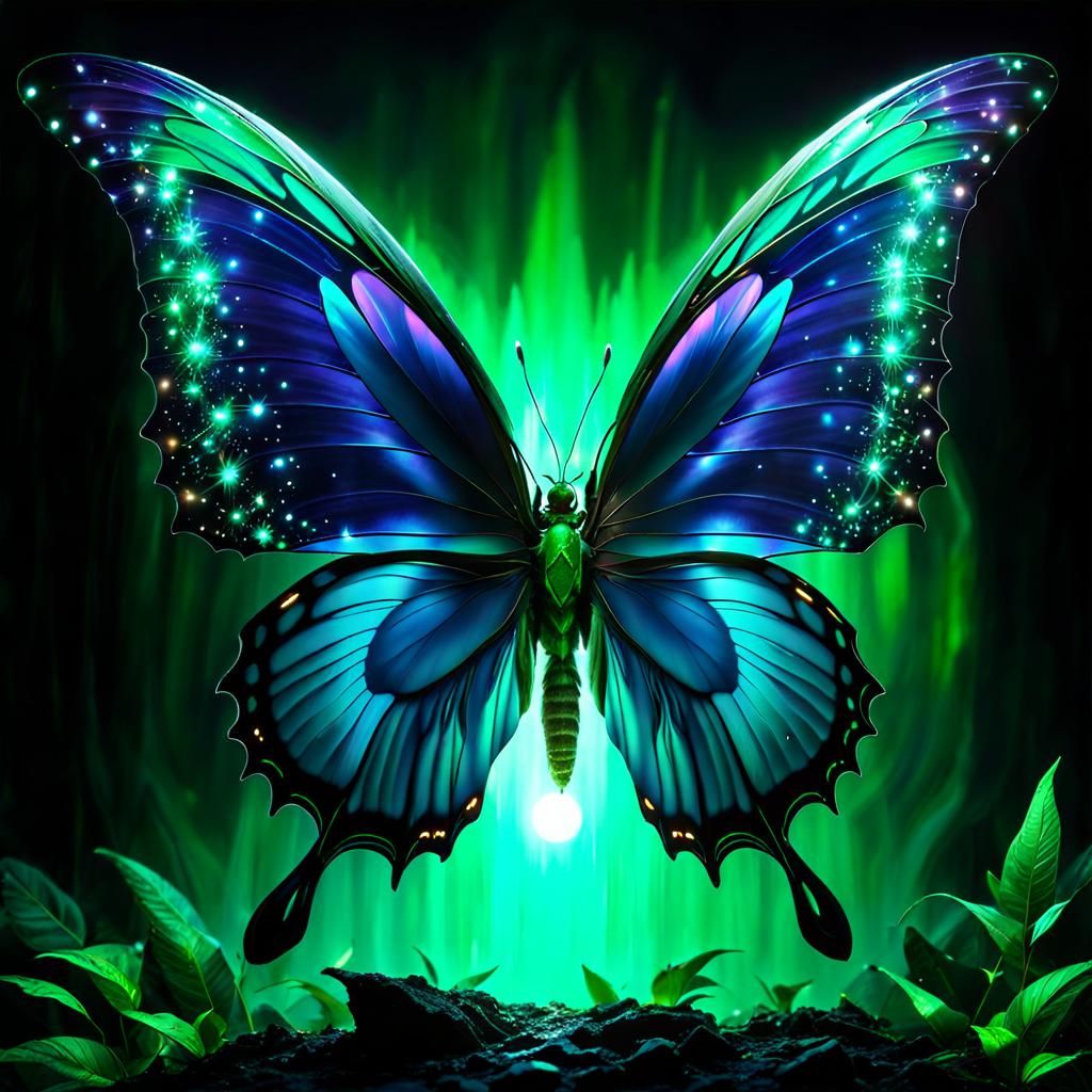Emerald Butterfly with Sparkling Wings in the Night