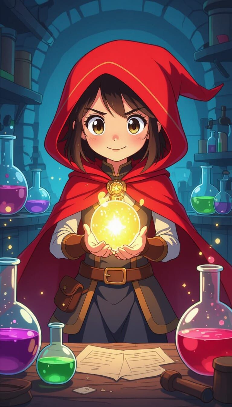 Cartoon Alchemist Girl with Red Hood and Cape