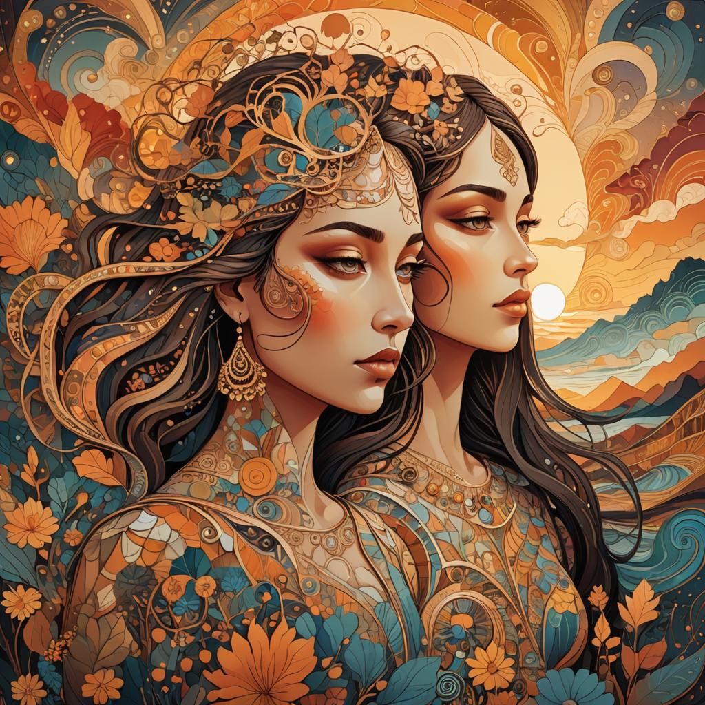 Woman and Girl at Sunset in Art Brut Style