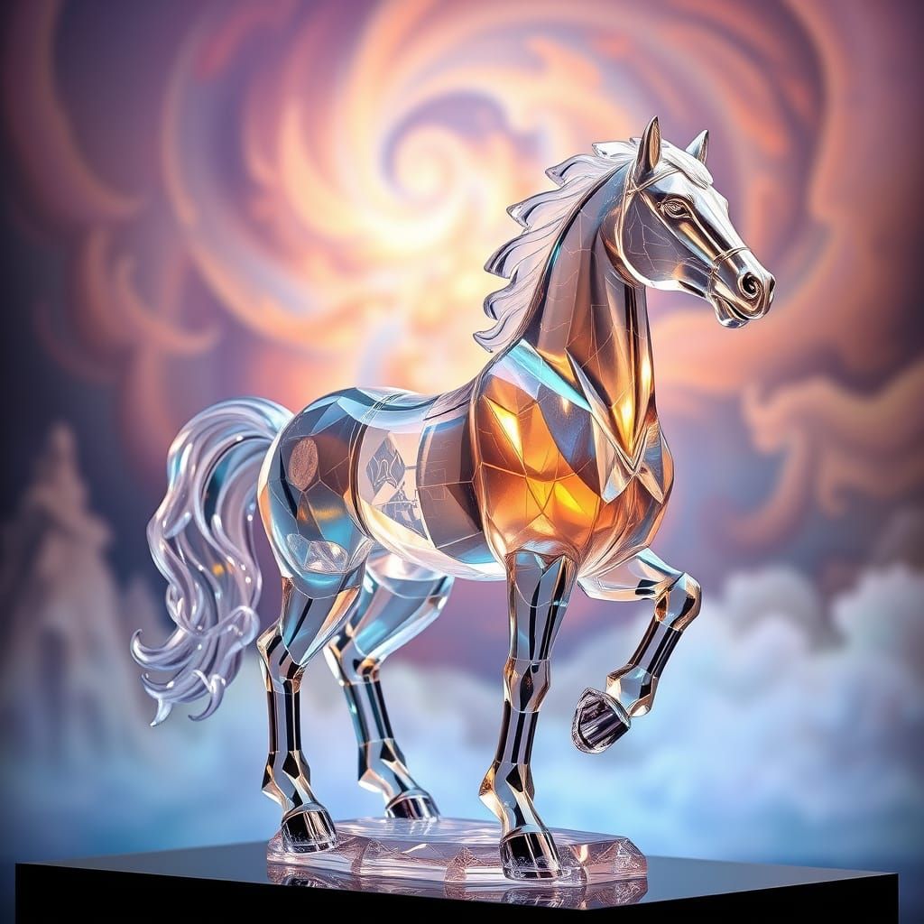 Ethereal Crystal Stallion Sculpture in Dreamy, Iridescent Ne...