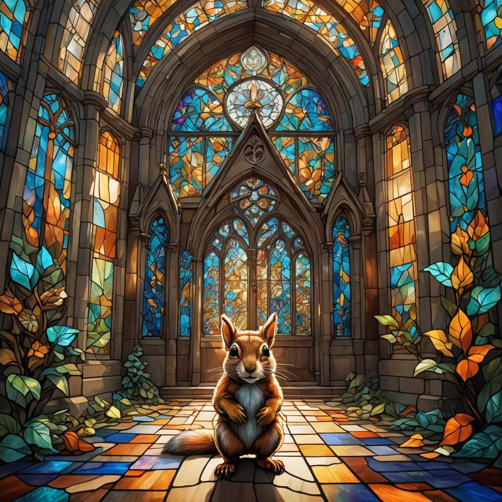Stained Glass Squirrel Enters Church: Fantasy Art
