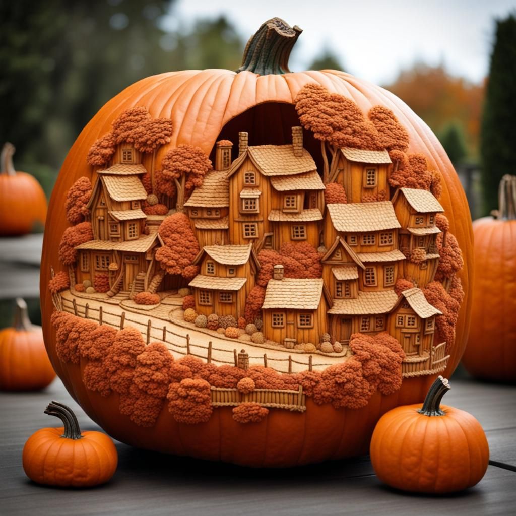 Beautiful village made in a  pumpkin carving