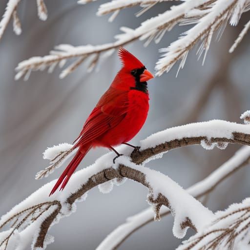 Realistic Red Cardinal on Snowy Branch