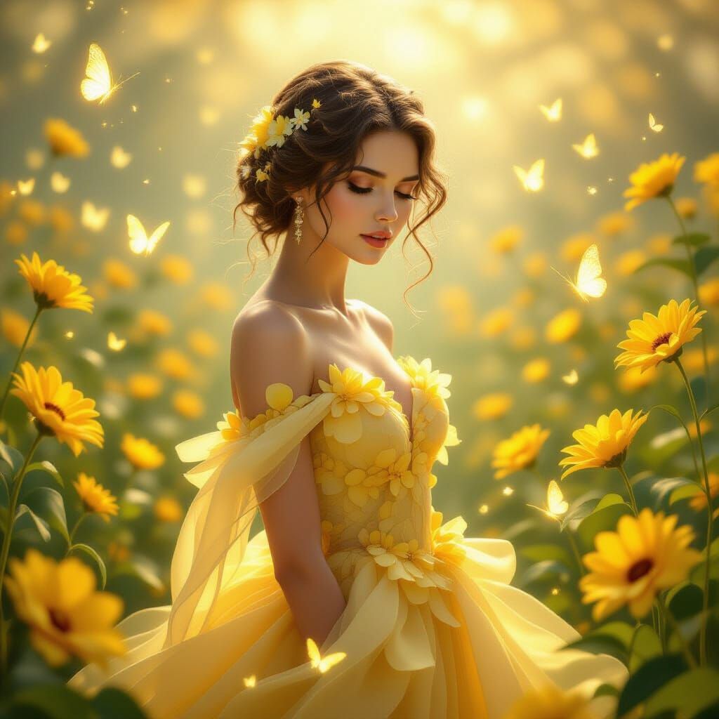 Ethereal Woman Among Glowing Yellow Flowers