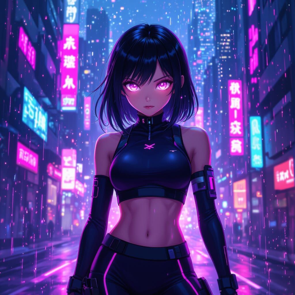 Anime Girl in Cyberpunk Cityscape