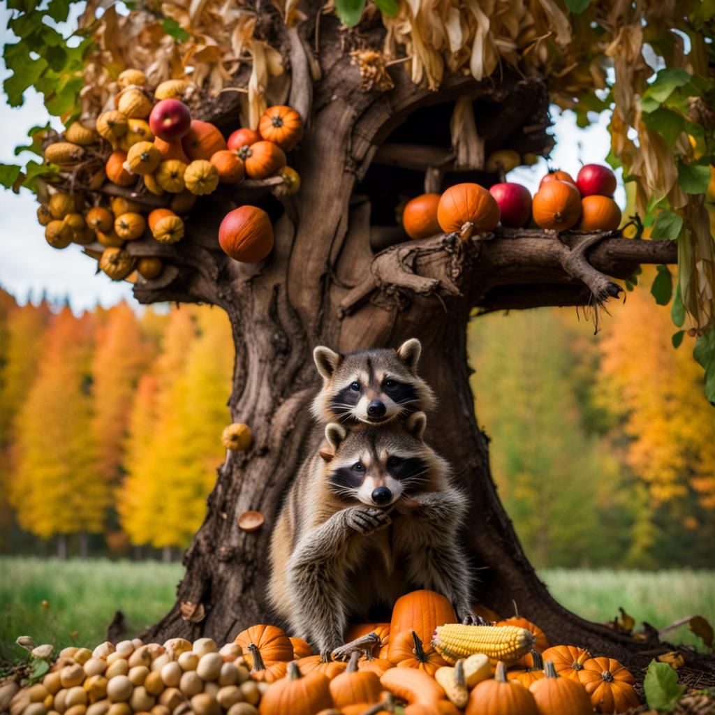 Abundant Autumn Harvest Tree with Raccoon