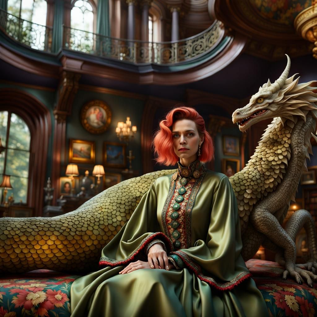 Redhead and Dragon Pet in Ornate Mansion