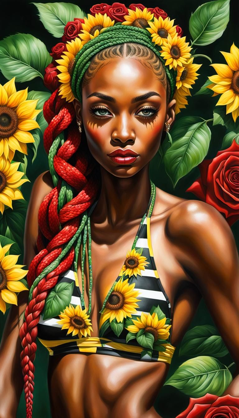 An African American woman, red yellow green lemonade braids interwoven