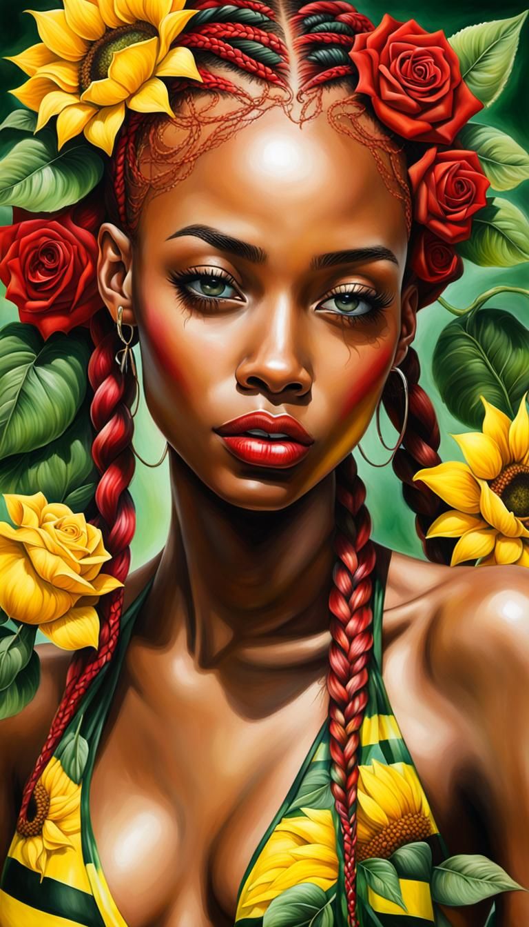 An African American woman, red yellow green lemonade braids ...