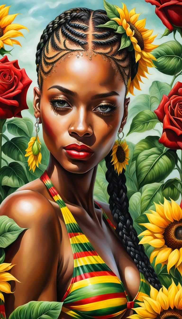 An African American woman, red yellow green lemonade braids ...