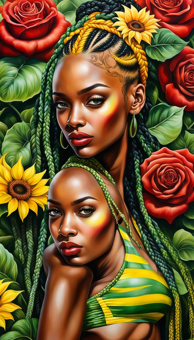 An African American woman, red yellow green lemonade braids interwoven