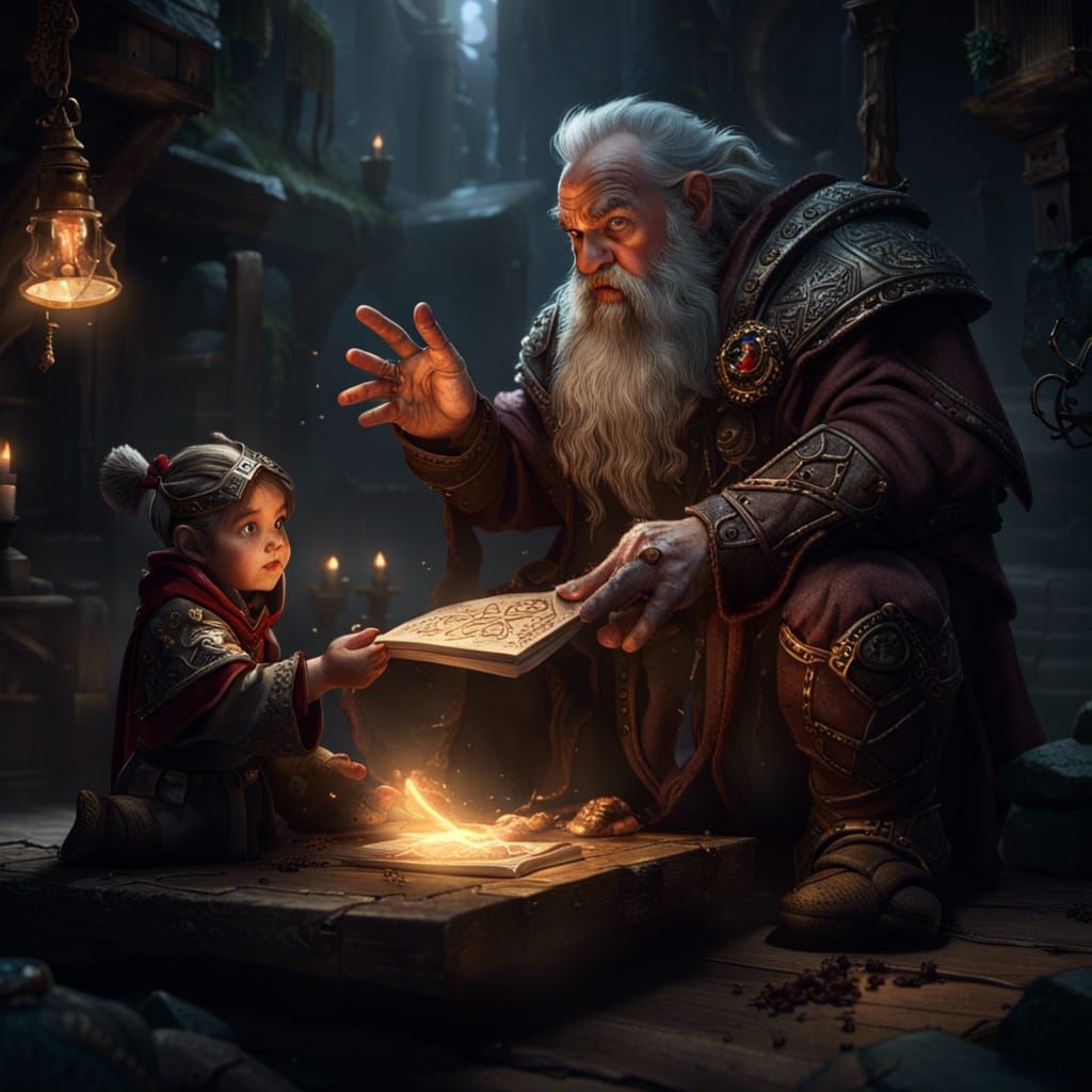 Dwarf Wizard Teaches Magic, Dark Fantasy Art