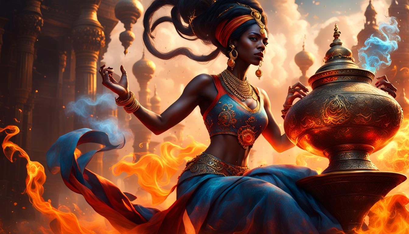 Black Female Genie Emerges from Magic Lamp