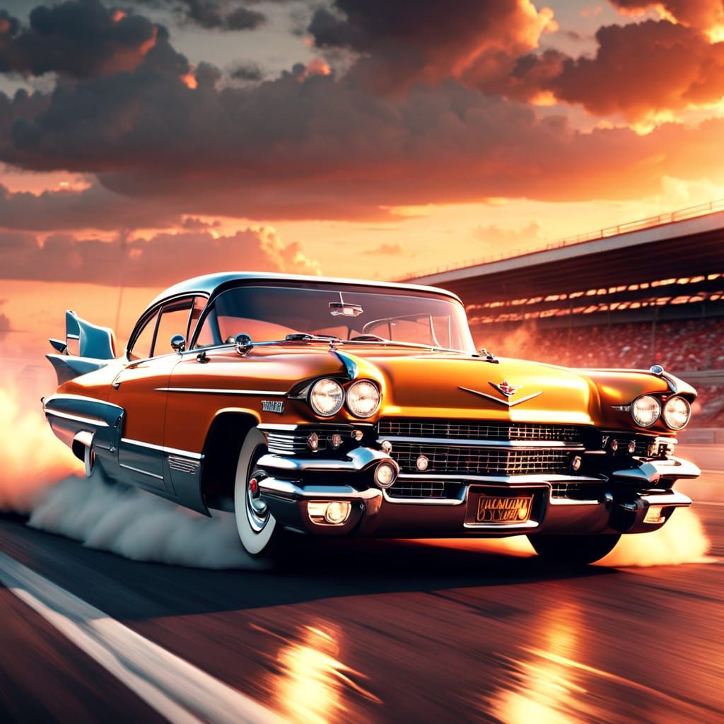 Cadillac Race Car Speeding, Vibrant Automotive Oil Painting