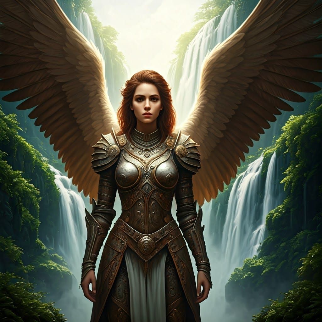 Warrior Woman and Angel by Waterfall