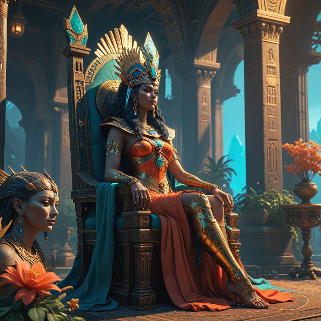 Egyptian Fantasy Queen Surrounded by Dancers in Golden Splen...