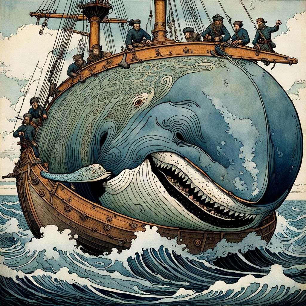 Whalers Encounter Tattooed Whale in Fairy Tale Style