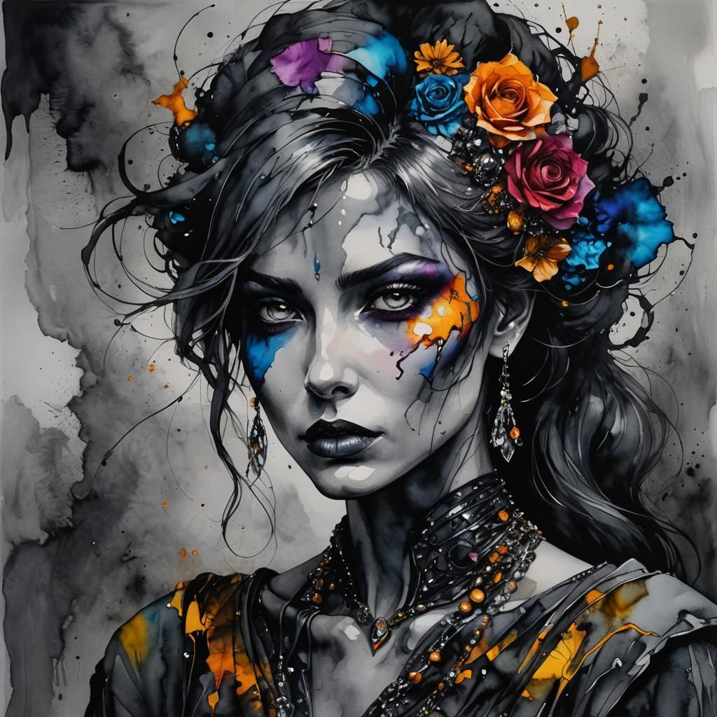 Despairing Woman in Dark Alcohol Ink and Watercolor