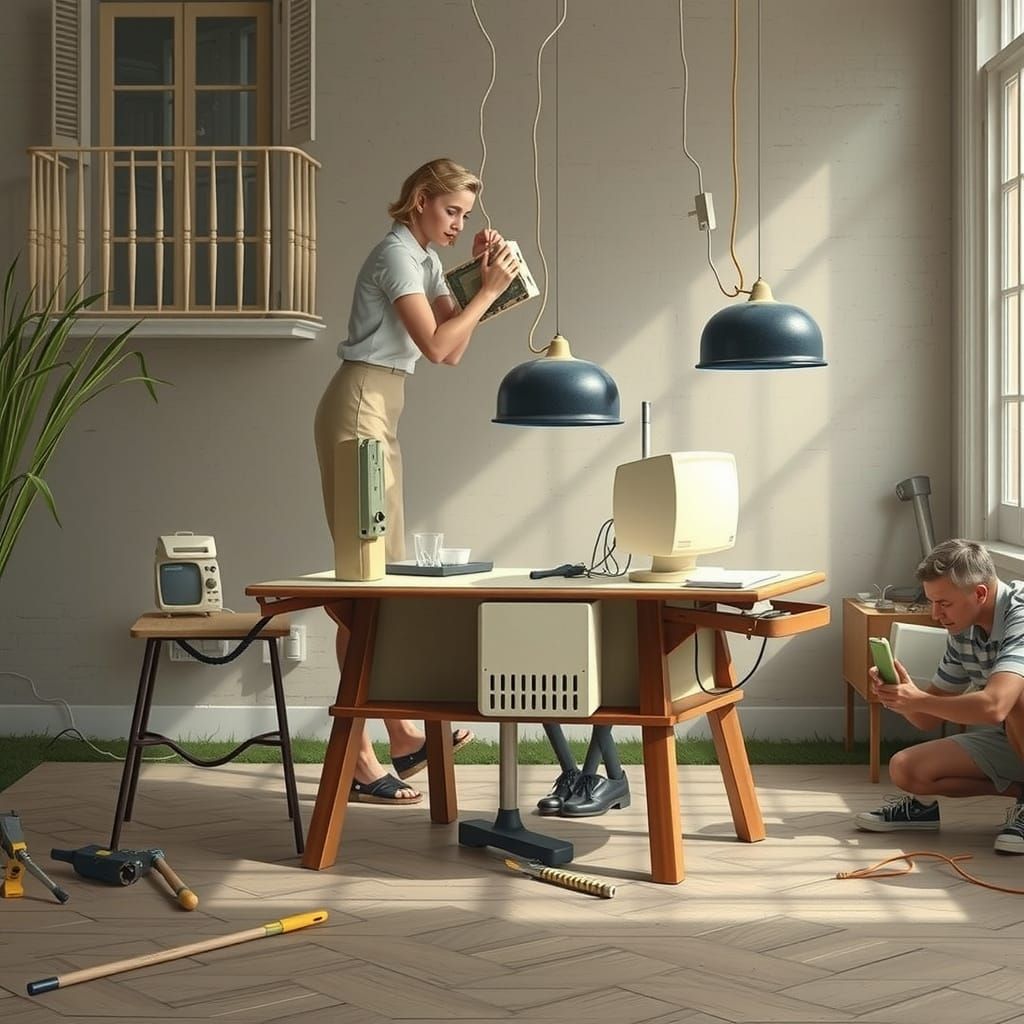 Peruvian-Americans Repairing Computer in Rockwell Style