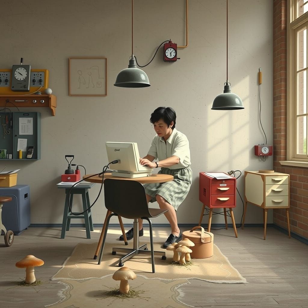 Peruvian-Americans Repairing Computer in Rockwell Style