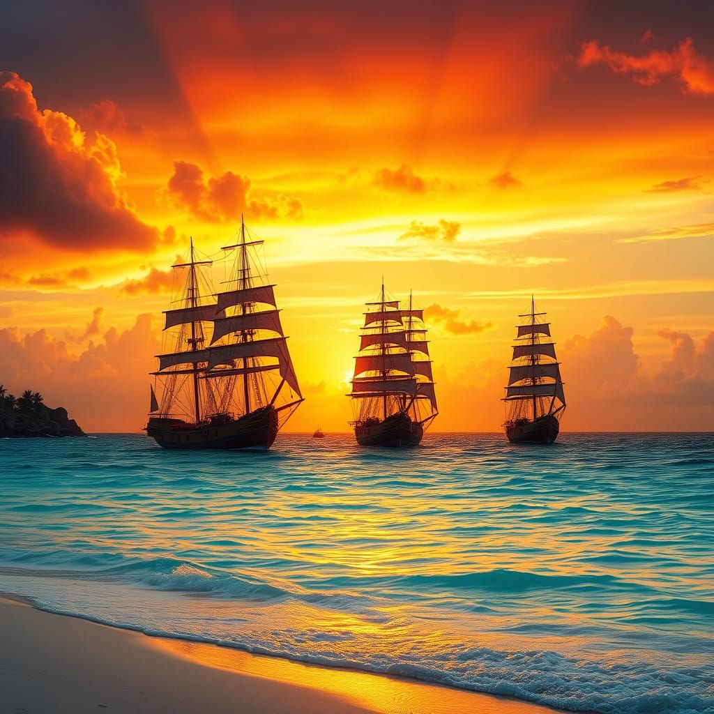 Tropical Sunset: Tall Ships Disappearing into Horizon