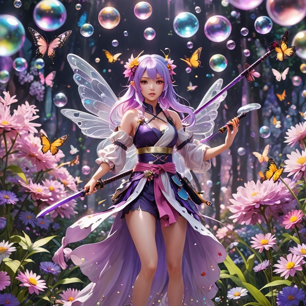 Anime Girl with Katana and Fairy Wings in 3D