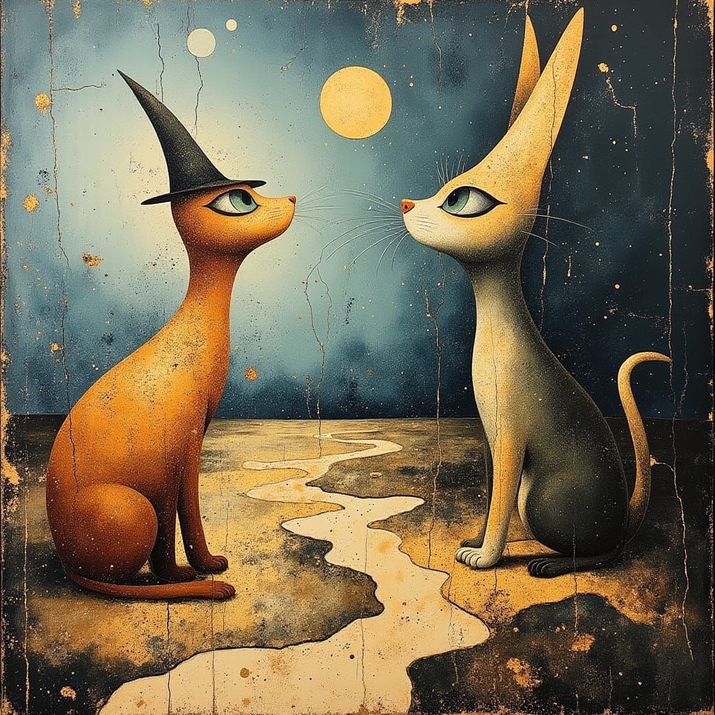 Surrealist Battle: Cat Hats vs Dog Hats on Melting Landscape