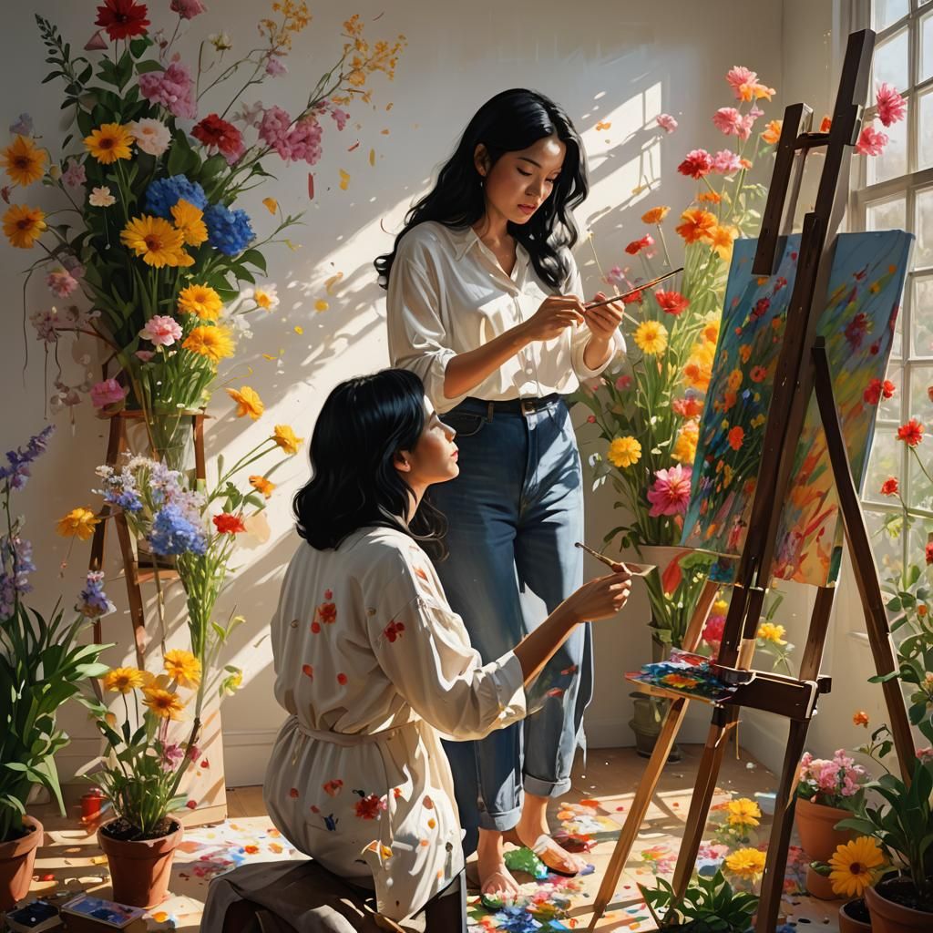 Woman Painting Flowers in Sunlit Room, Splash Art