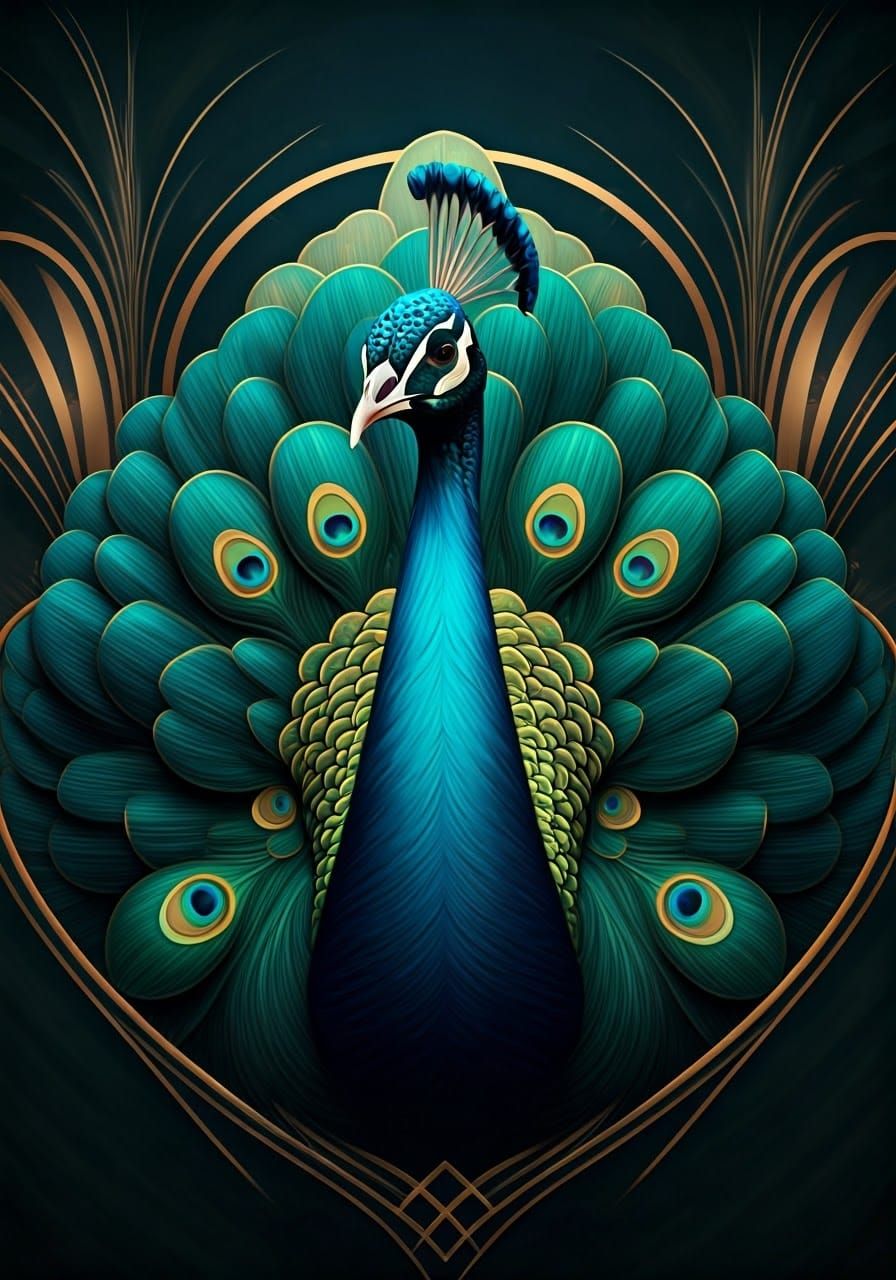 Ethereal Art Deco Peacock in Teal and Gold