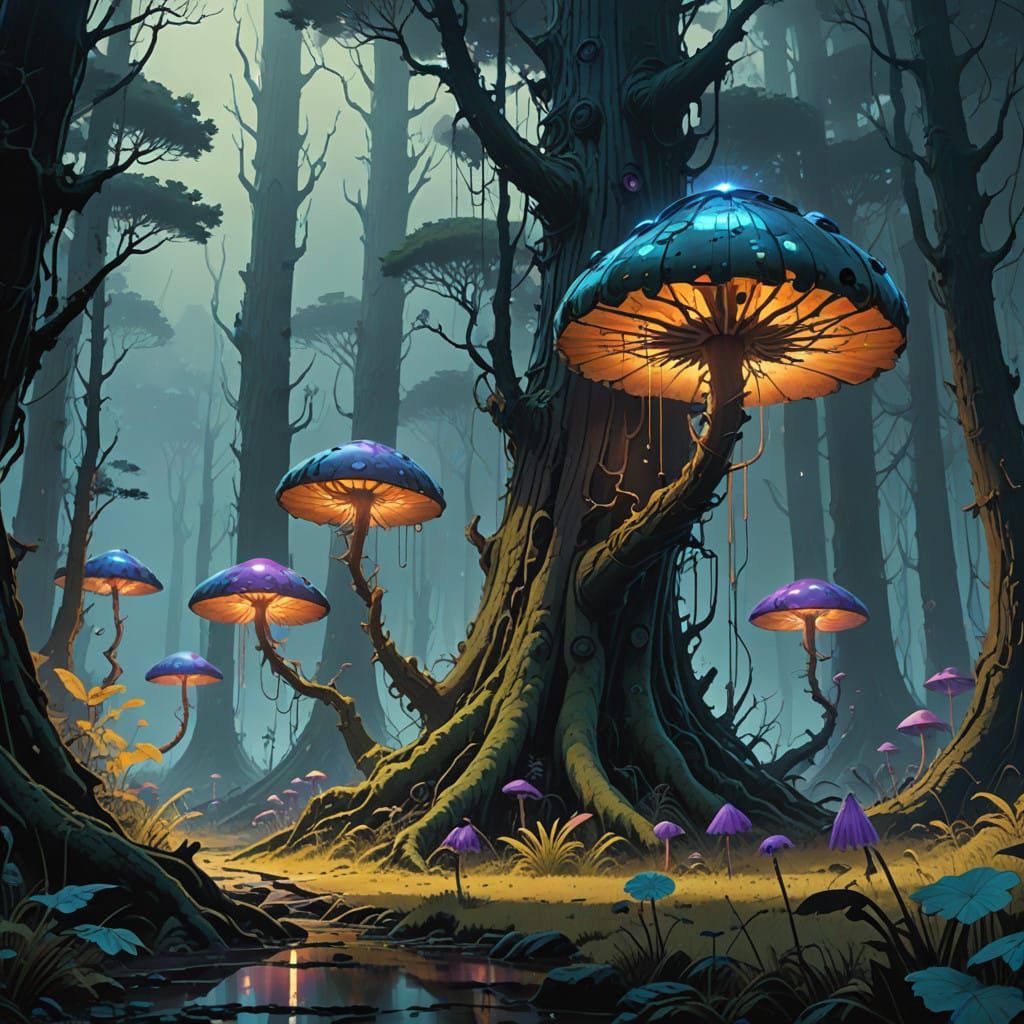 Dreamlike Forest of Iridescent Fungi in Vibrant, Ethereal Hu...